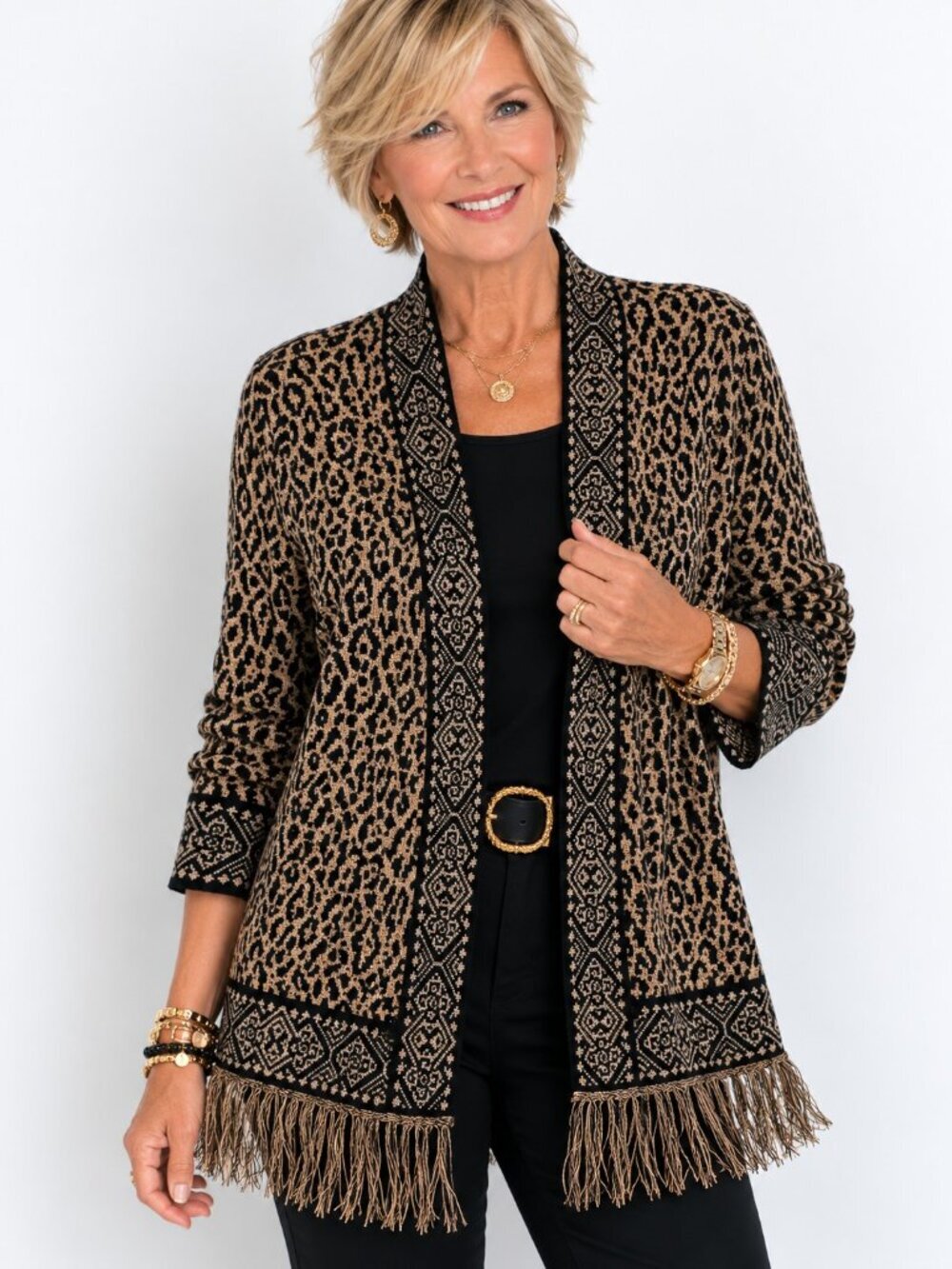 Ruby Rd. Animal Print Metallic Fringed Open Cardigan NWT